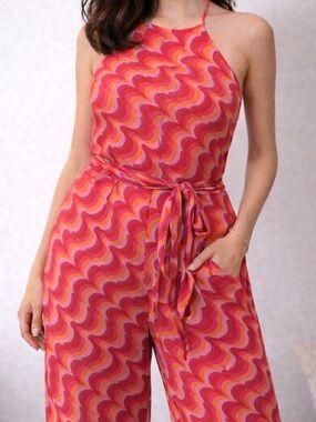 Forever 21 Pink & Red Wave-Print Halter Jumpsuit with Tie Waist